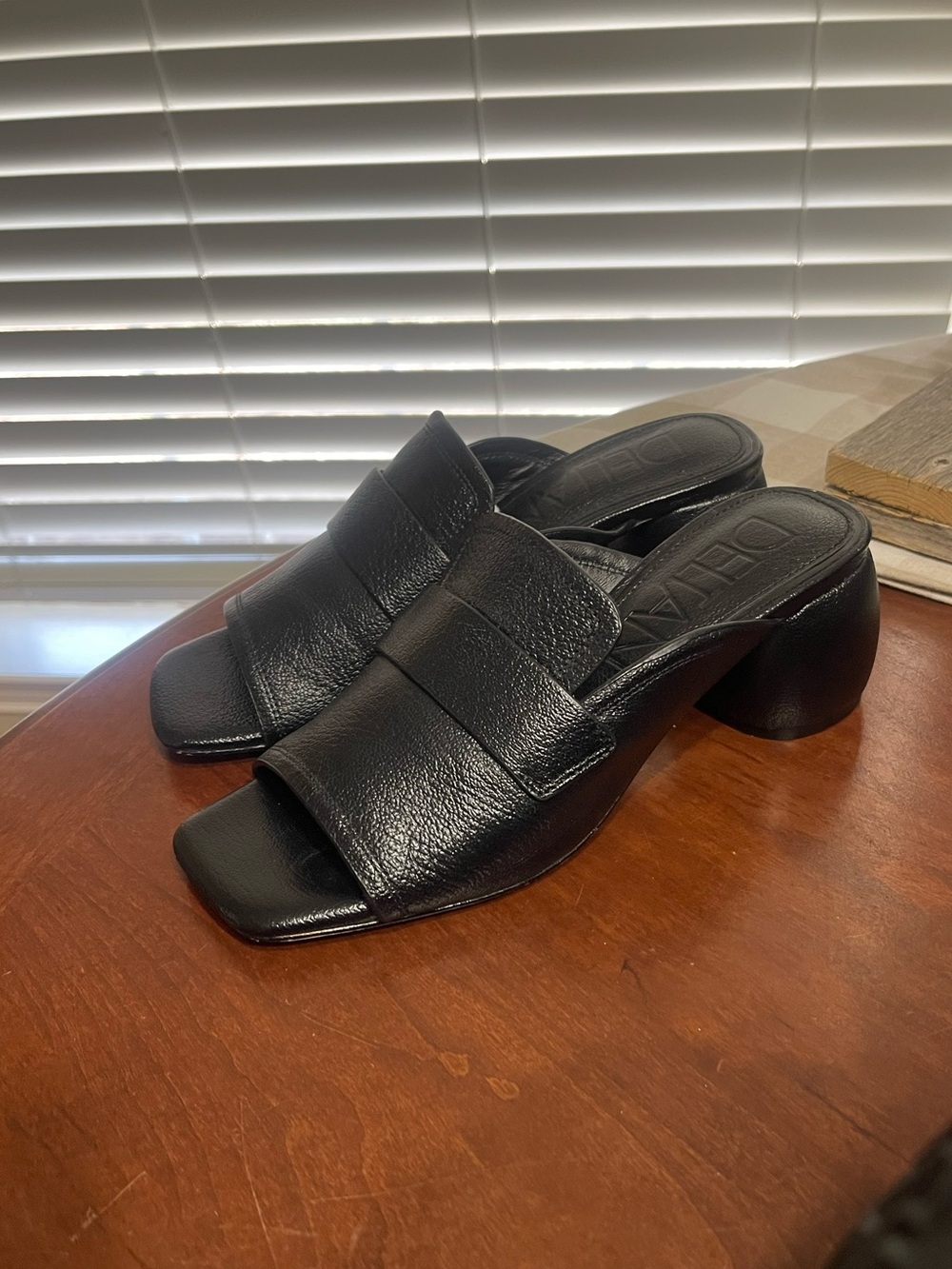 Deltan Black Leather Slip On Mule Sandal Heels Block Heel Square Toe